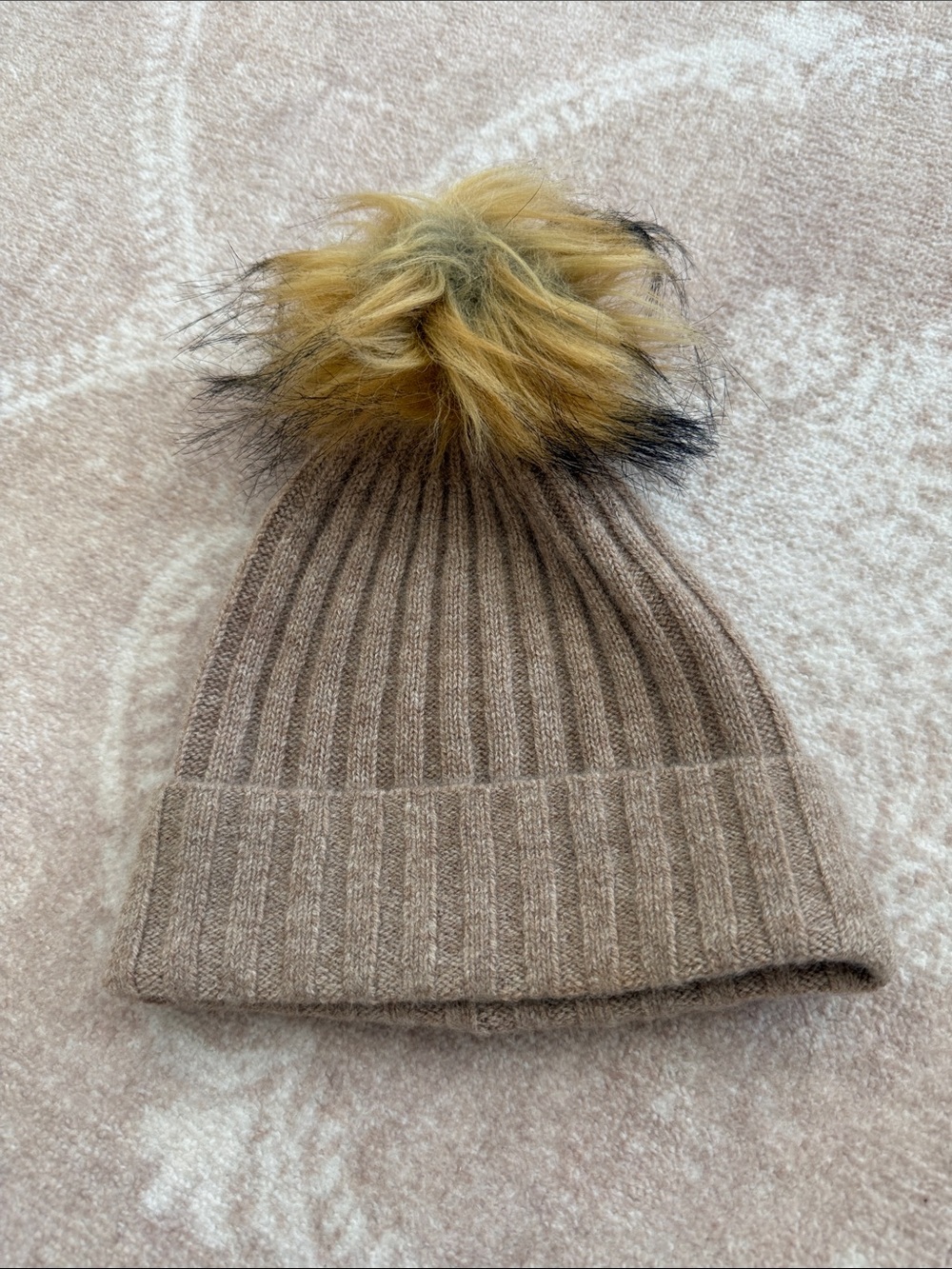 Quince Cashmere Knit Beanie with Faux Fur Pom